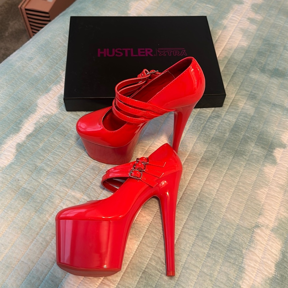 Hustler Red Platform Heels. Size 7